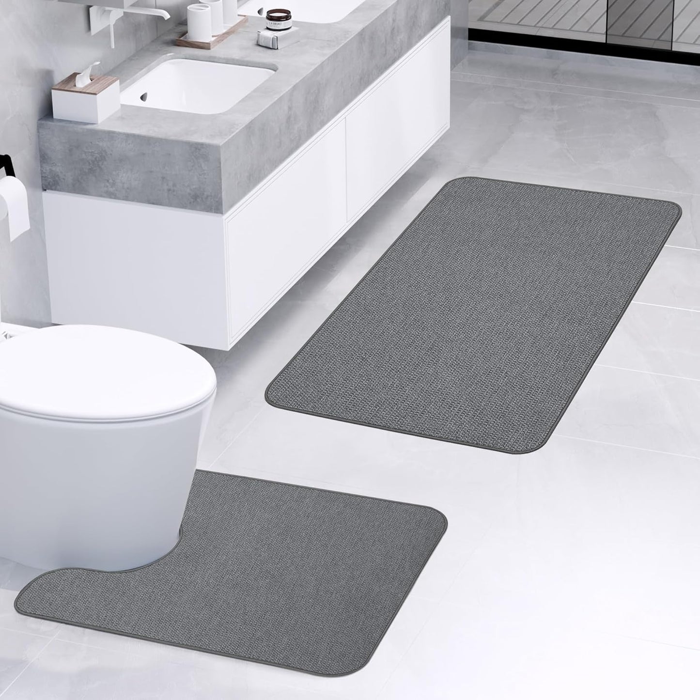 Bathroom Rugs Set 2 Pieces,Thin Bathroom Mats,Toilet Rugs,Quick Dry,Non-Slip,Machine Washable,Low Pile,Absorbent Bath Mats,Shower,Sink,Home Decor Accessories.Dark Grey,1'5"x2'3"+1'8"x2" U Shape