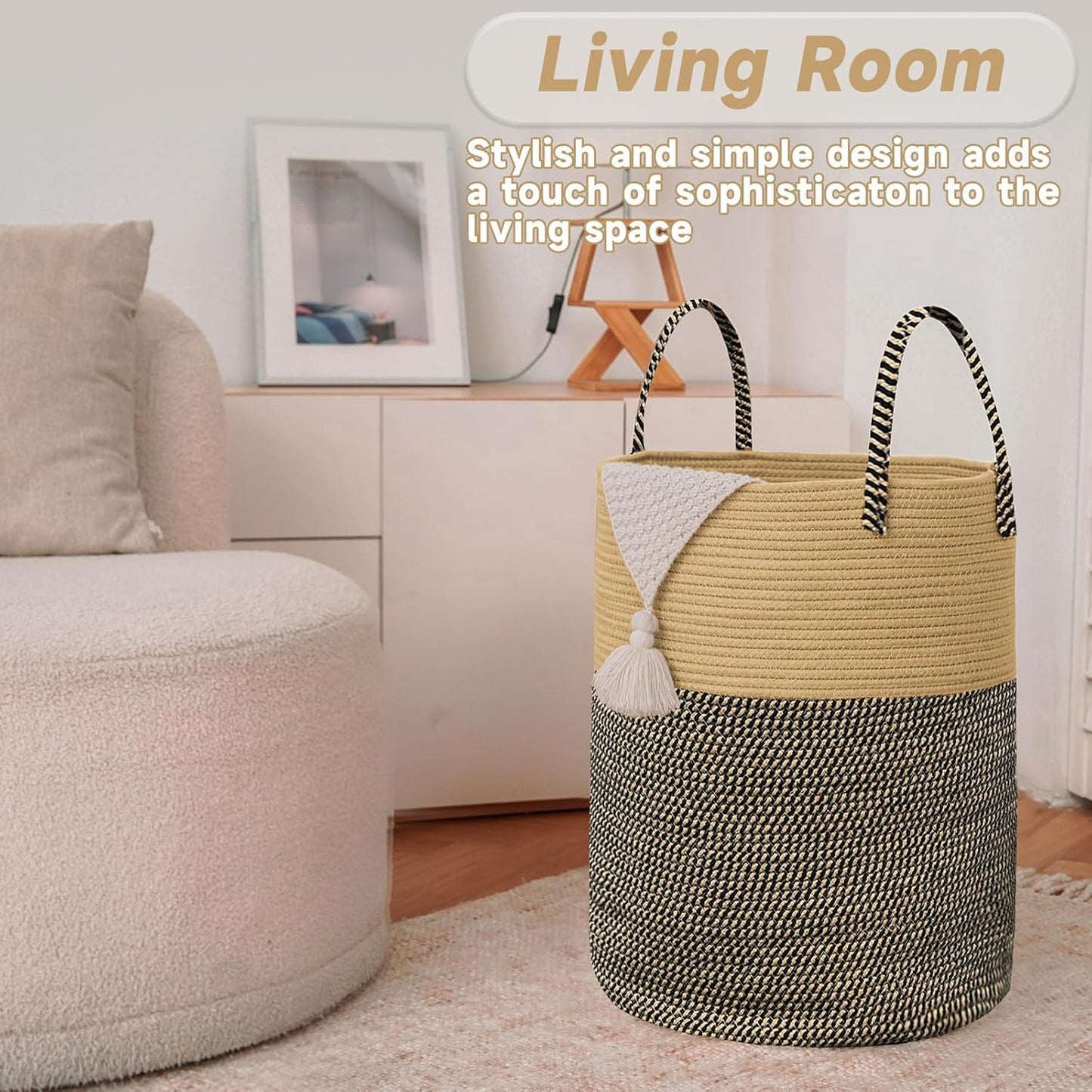Large Woven Laundry Basket Hamper,100L Cotton Rope Storage Bin for Blankets,Toys and Clothes,Decorative Tall Nursery Hamper for Living Room,Baby Nursery,Bathroom and Bedroom,Brown and Black