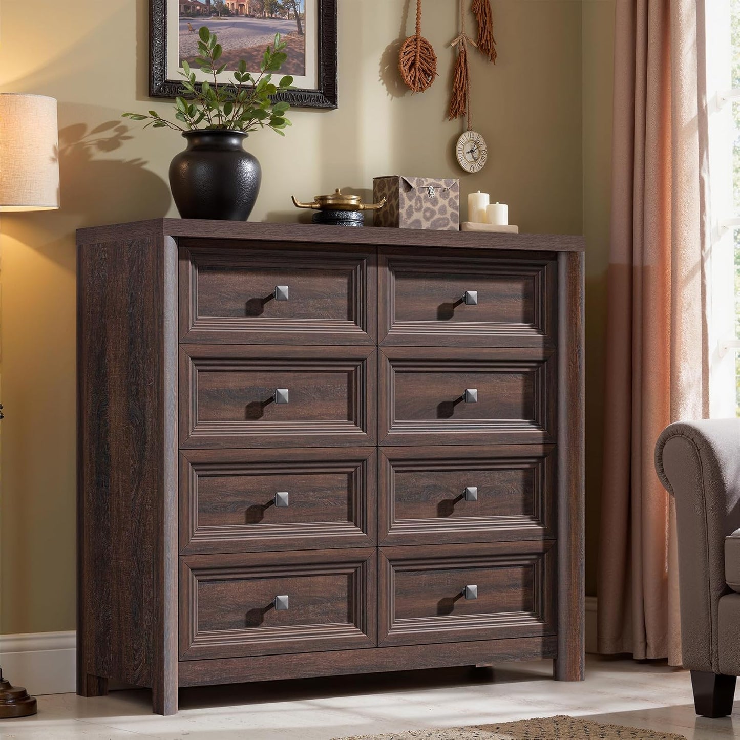 Farmhouse 8 Drawer Dresser for Bedroom, 41" Tall Wood Chest of Drawers, 43.3" Wide Dresser TV Stand, Storage Closet Drawer Organizer for Bedroom, Walnut
