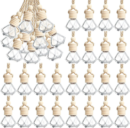 BBTO 50 Pcs Hanging Car Air Freshener Car Diffuser Bottles Empty Glass Perfume Bottle Freshener Diffuser Bottle Pendant for Essential Oil Fragrance Aromatherapy Bottle Ornament(Rhombus)