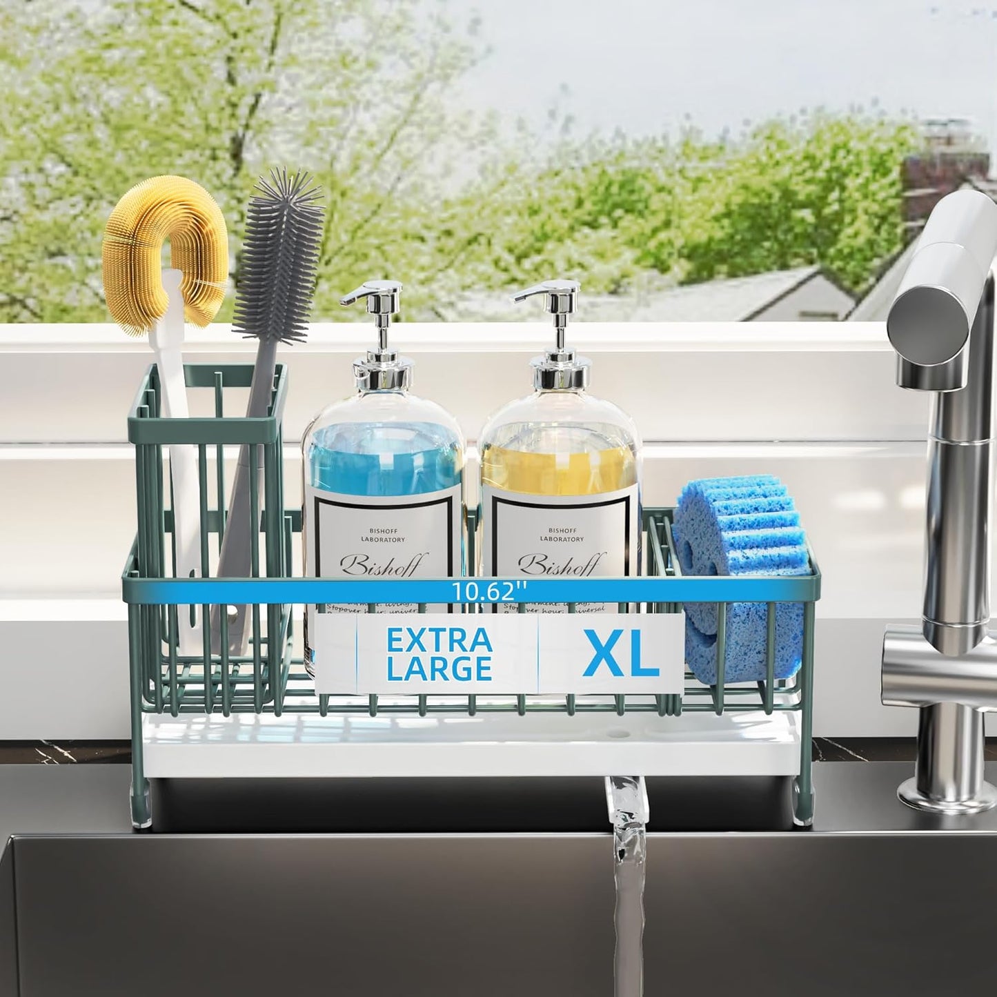 Moforoco Extra Large Sponge Holder for Kitchen Sink Organizer Caddy, Dish Brush Scrubber Holder,Stainless Steel Sink Box Utensil Holder,Soap Dispenser Set Tray Counter Accessories（Sage Green ）