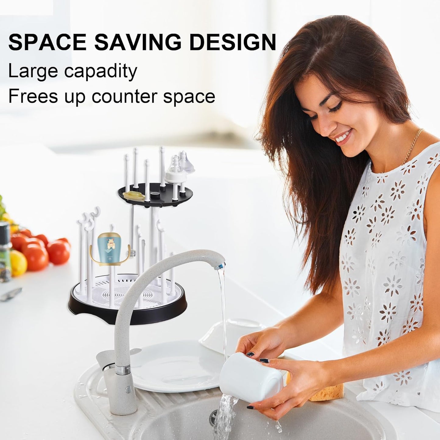 Baby Bottle Drying Rack,Double-Layer Bottle Drying Rack,Hold Up to 16 Baby Bottles,Suitable for Indoor, Kitchen, Living Room（Black and White）