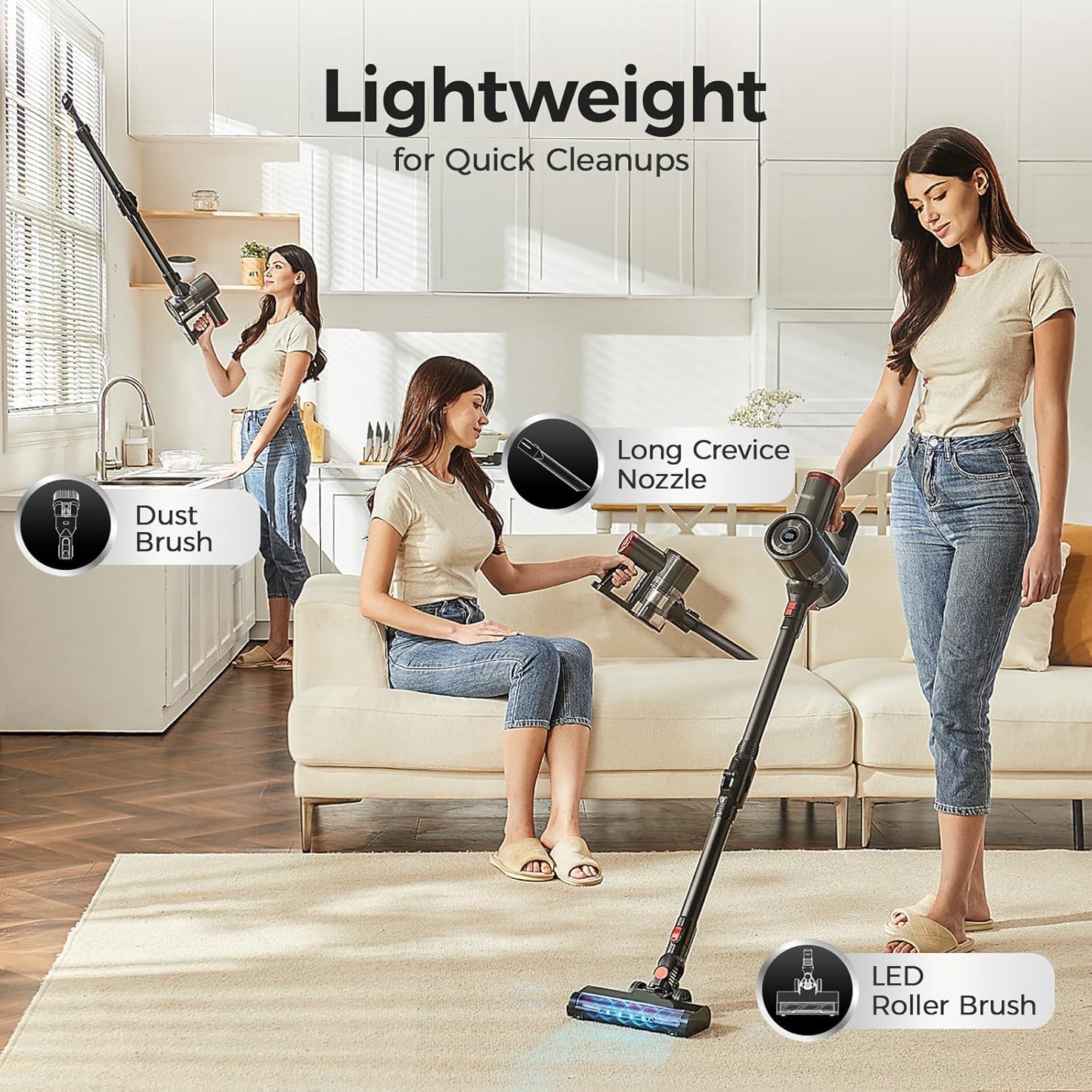 Cordless Vacuum Cleaner with Back-Saving&Self-Standing,Upright Vacuum Cleaners for Home,Anti-Tangle,Powerful Suction,Stick Vacuum Cordless Rechargeable for Hard Floors,Carpets,Pet Hair,Car