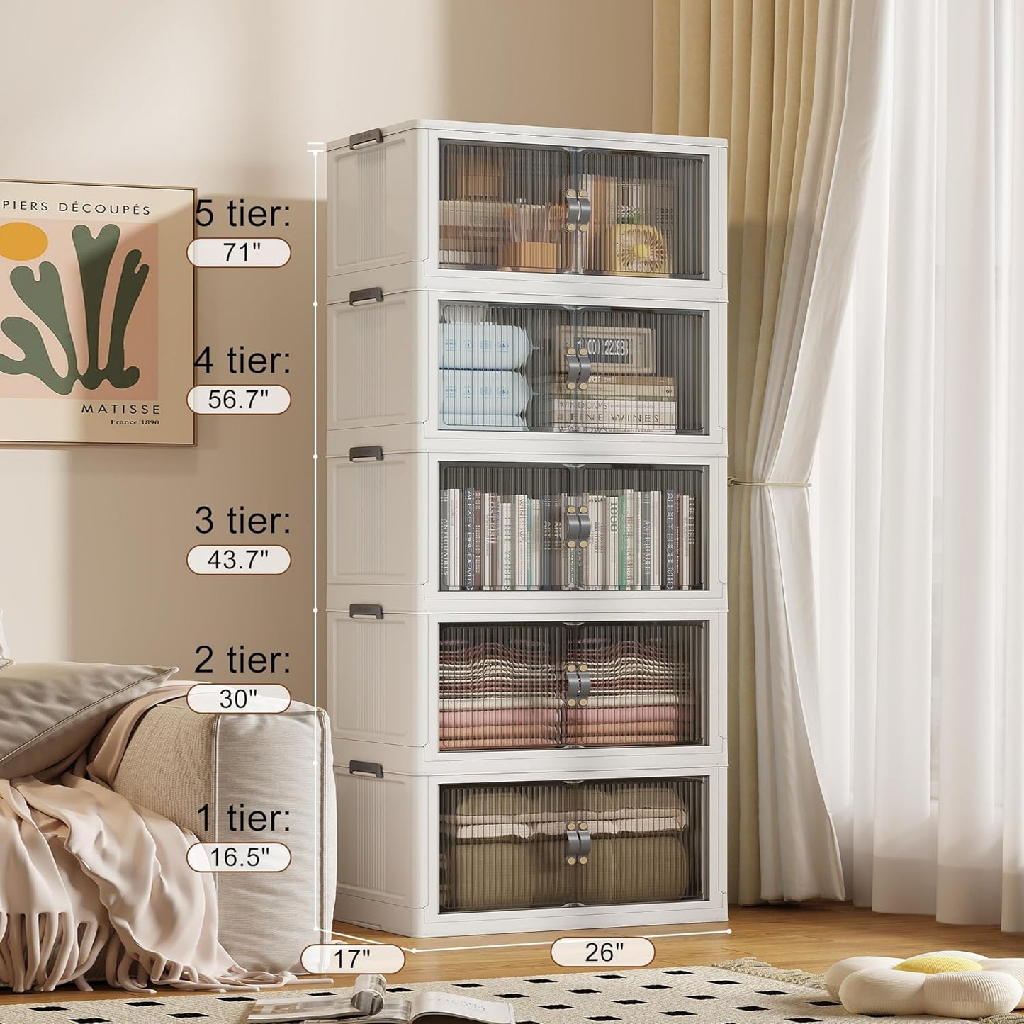 SAILUN 136Gal/543Qt Stackable Storage Bins Folding Collapsible Storage Bins with Lid, Closet Organizers and Storage, Storage Box Grey 26" W x 17" D x 71" H