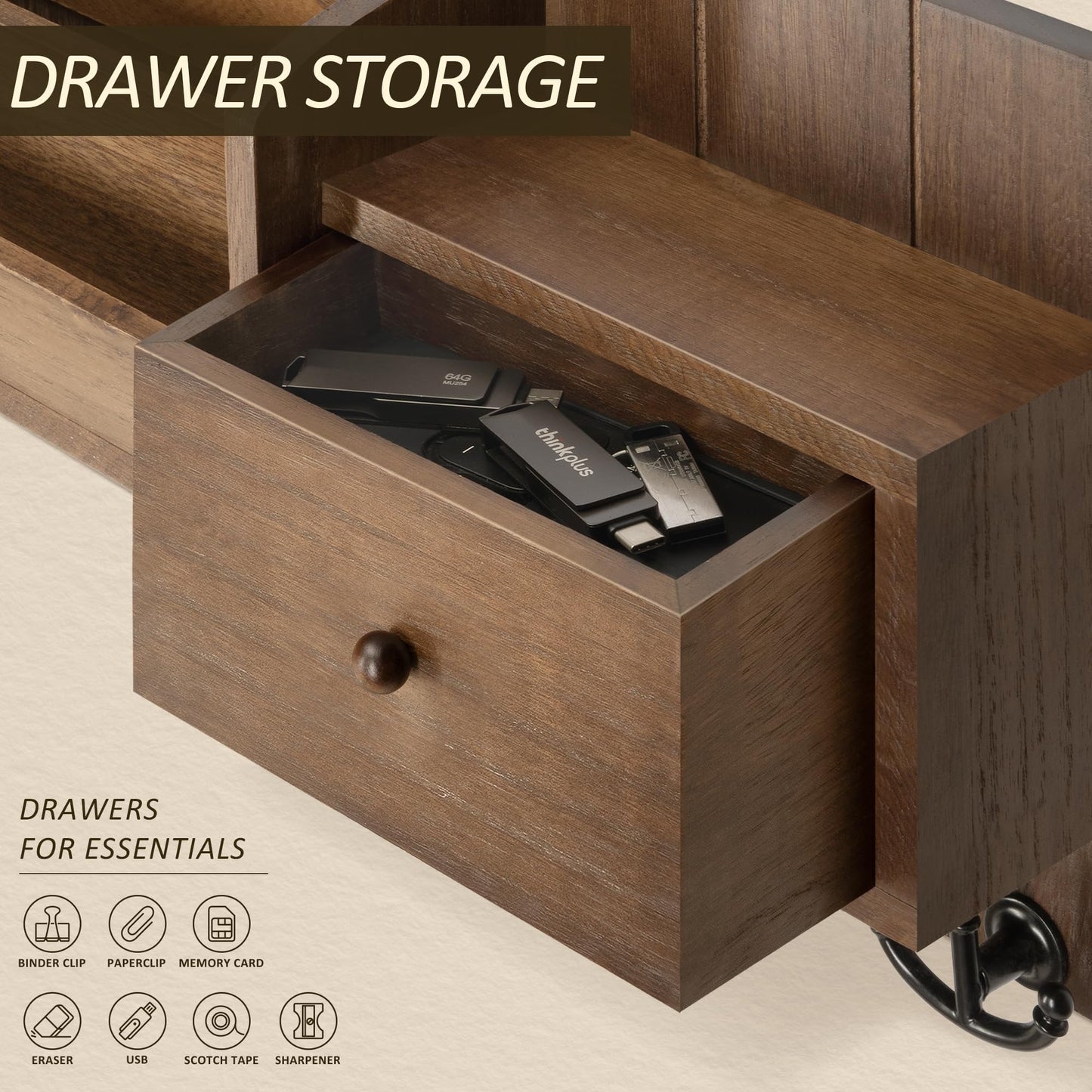 Rebee Vision Key Holder Wall Mount with Drawer Organizer for Entryway,Brown