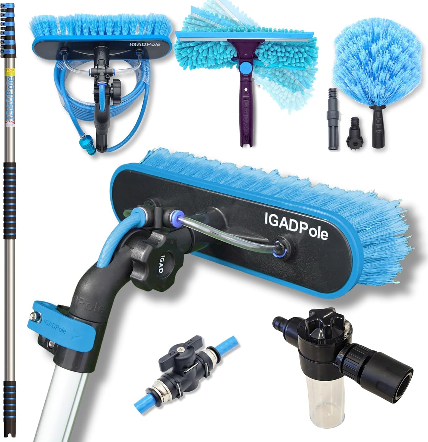 24ft IGADPole Washing Kit: Water-fed Brush, Cobweb Duster and 10” Squeegee and Soap Dispenser, with 6-Stage Telescoping Pole 5-24ft Pole