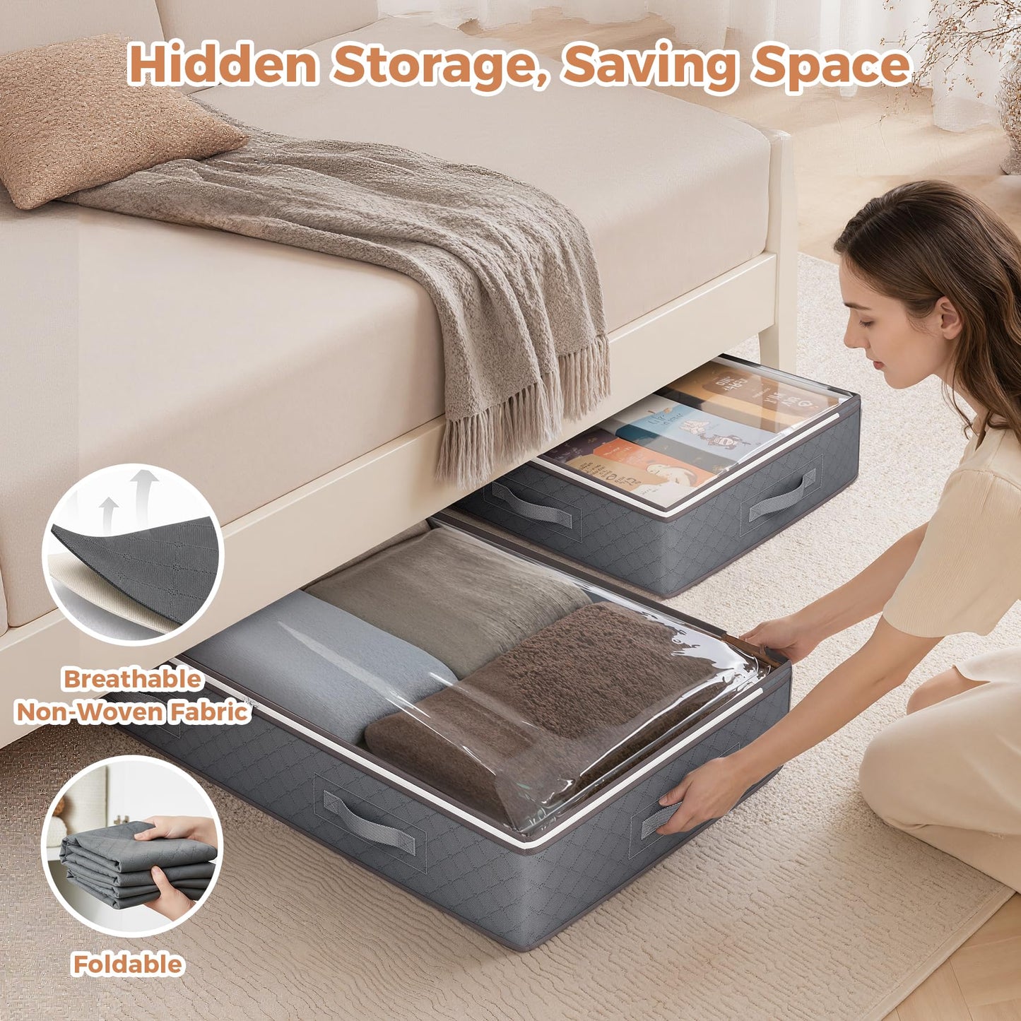 Budding Joy 95L Under Bed Storage Containers, 4 Pack Closet Organizers Grey