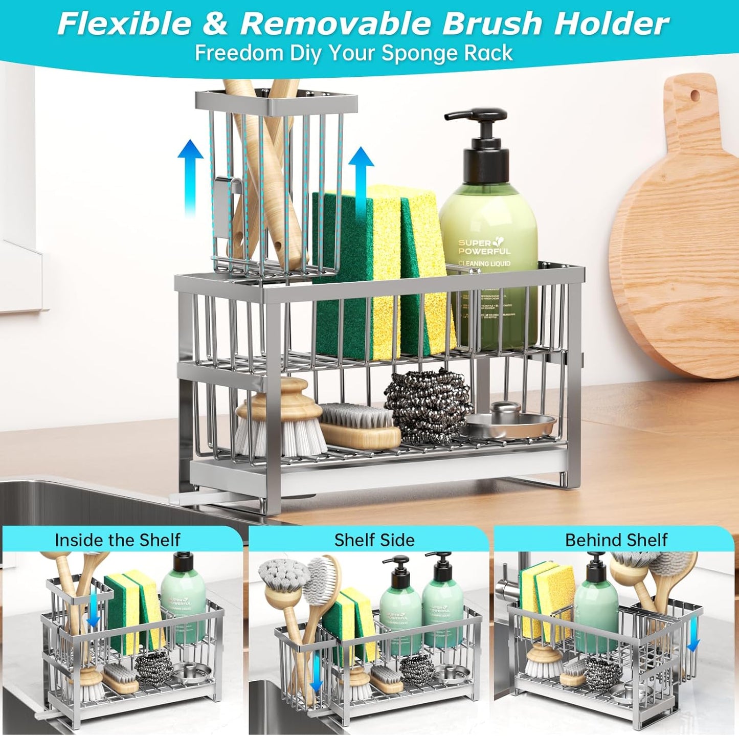 Sponge Holder for Kitchen Sink, 2 Tier Sink Caddy Organizer Countertop with Dish Brush Holder and 360° Drain Tray, Rustproof Stainless Steel Dish Soap Storage Rack Set for Accessories Silver