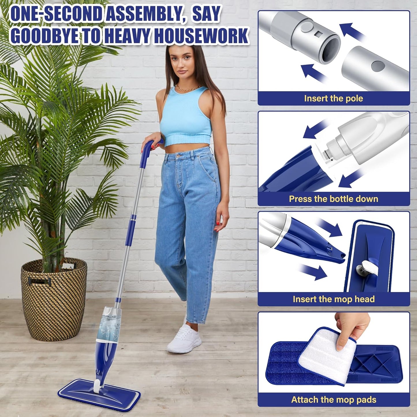 Microfiber Spray Mop for Floors Cleaning: Wet Dry Hardwood Floor Mops with 3 Washable Reusable Pads for Swiffer Powermop - Flat Mop with Sprayer for Tile Wood Laminate Vinyl Marble