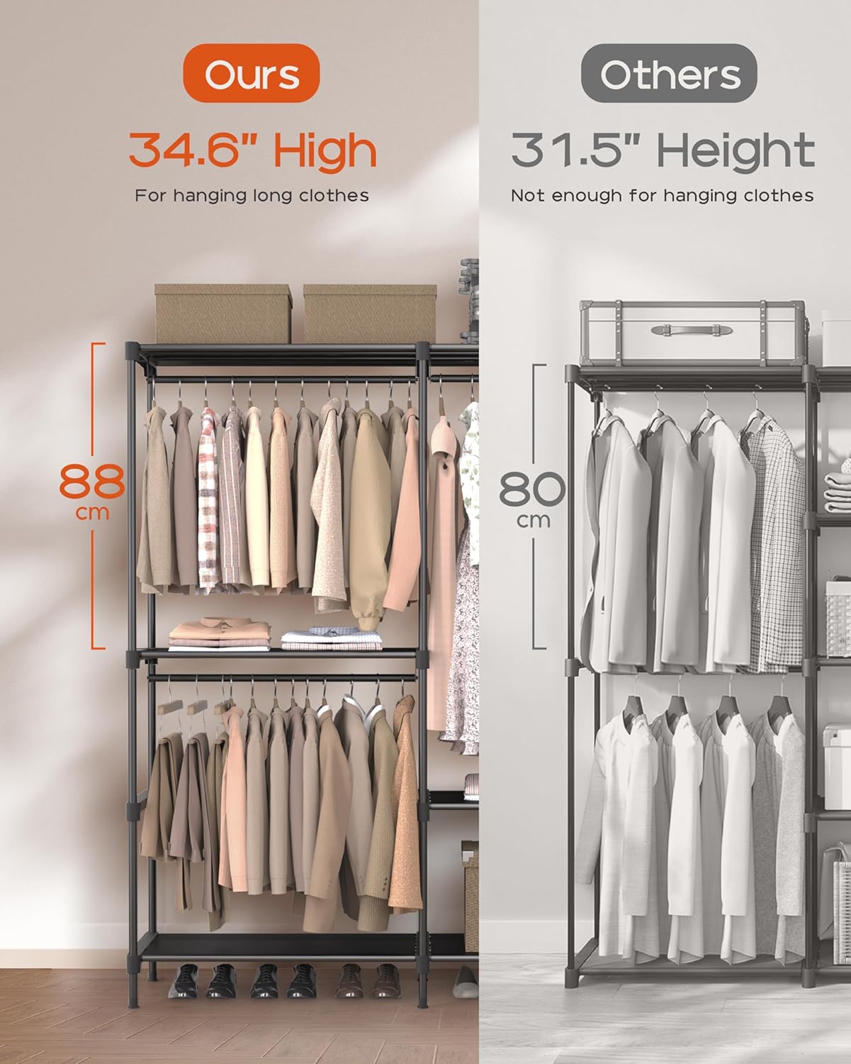 Clothes Rack, Portable Closet, 54.3 Inch Large Capacity Wardrobe Closet, Clothes Storage Organizer with Shelves and 3 Hanging Rods, Easy to Assembly, Black PCT022B01