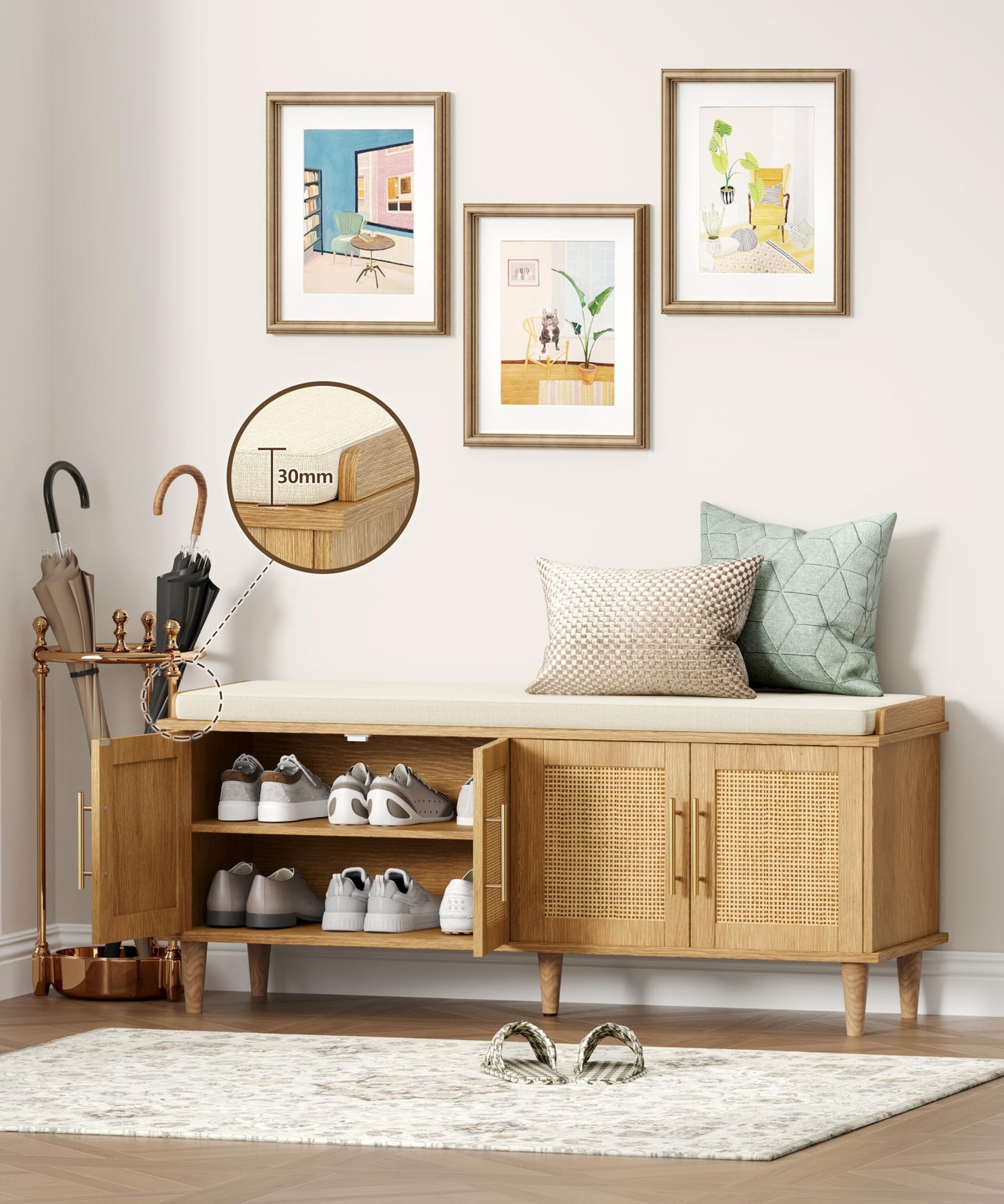 Akxomel 47.2" Rattan Shoe Storage Bench 4 Doors Wooden Entryway Bench Oak