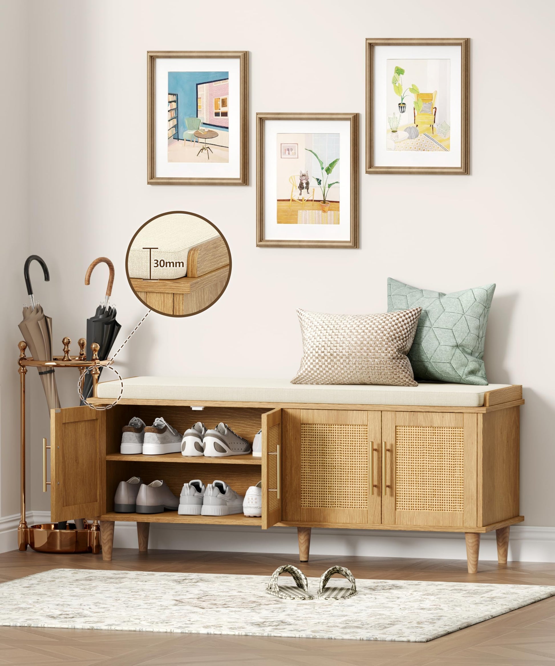 Akxomel 47.2" Rattan Shoe Storage Bench 4 Doors Wooden Entryway Bench Oak