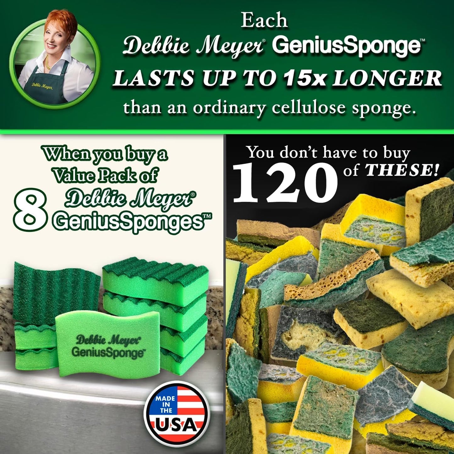 Debbie Meyer GeniusSponges-8 Scrubber Sponges with Built-in Odor Blocking Properties | Non-Scratch Multi-Surface Cleaning for Kitchens, Bathrooms, Essential for Dishes & Messes, Made in The USA
