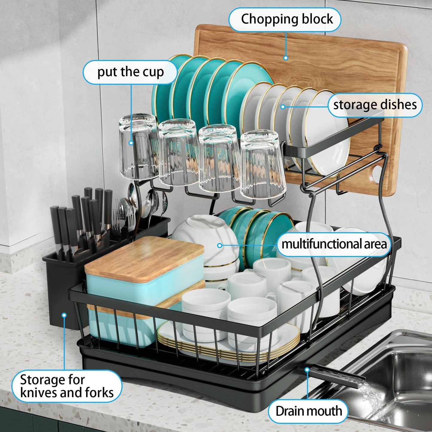 7 code 2-Tier Large Dish Drying Rack for Kitchen Counter, Black