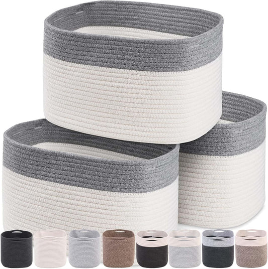 CHAT BLANC Cotton Rope Baskets for Organizing | Storage Baskets for Shelves | Rope Basket for Storage, Small Laundry Baskets, Woven Baskets for Storage, Dog Toy Bin, Baby Basket,Dark Gray&White 3 Pack