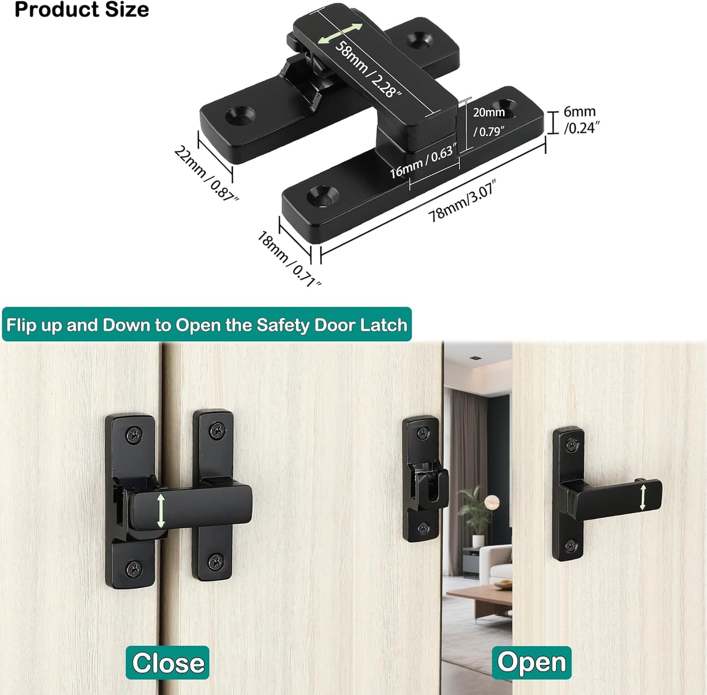 90/180 Degree Flip Latch Gate Latch, Heavy Duty Black Safety Door Lock Enhanced Security Flip Latch Lock Hardware for Interior Door Front Door Barn Garden Fence Window Bathroom Cabinet