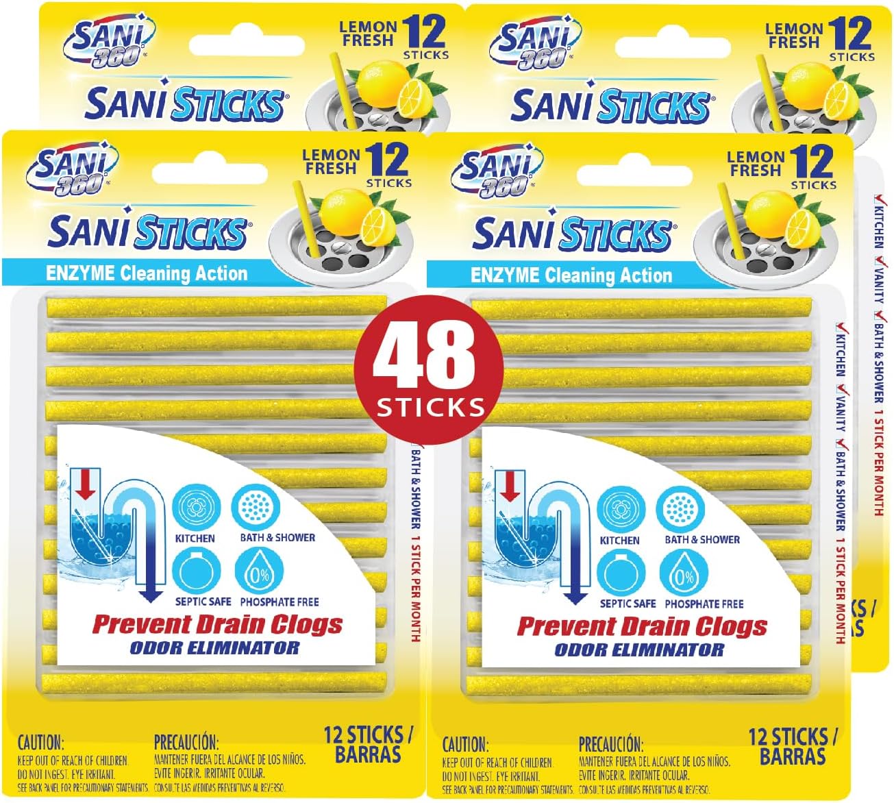 SANI 360° Sani Sticks Drain Cleaner and Deodorizer, 48 Count, Lemon Scent Enzyme Pipe Cleaners, Eliminate Odors, Prevent Clogged Drains, Safe for Sinks, Bathtub Drains, Septic Tanks