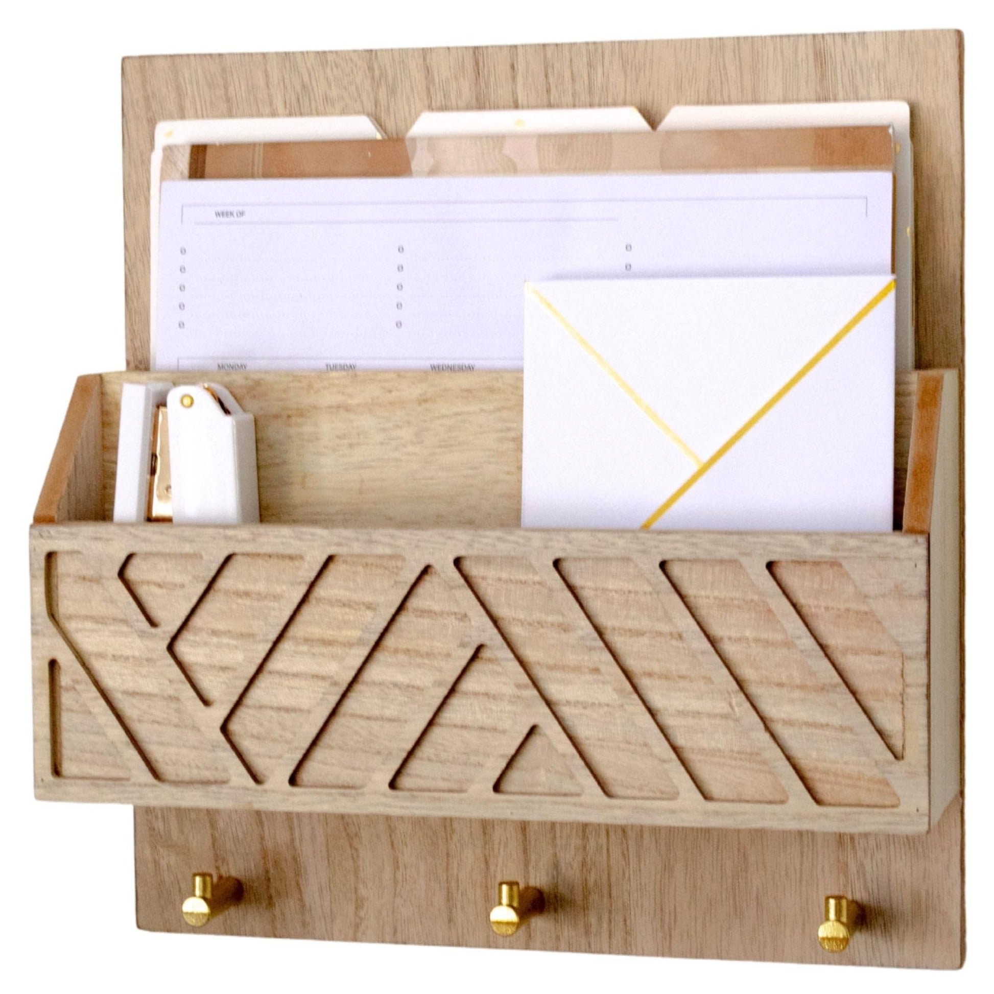 BLU MONACO Wall-Mounted Mail and Key Holder – Natural Wood 2-Tier Letter Organizer with 3 Hooks |
