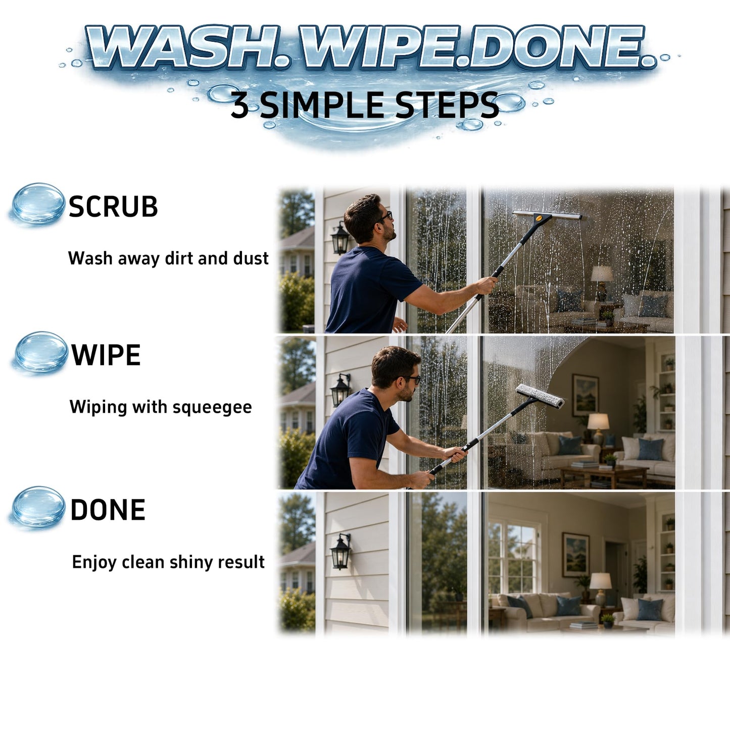 Window Washing Kit with Extension Pole(19–94.5"), Window Squeegee with Extension Pole, High Reach
