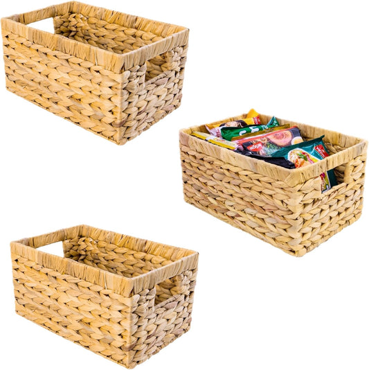 Set of 3 Water Hyacinth Storage Baskets – Wicker Baskets for Shelves, Decorative Woven Organizer Bin for Bathroom, Closet, or Pantry (3-Pack Medium)