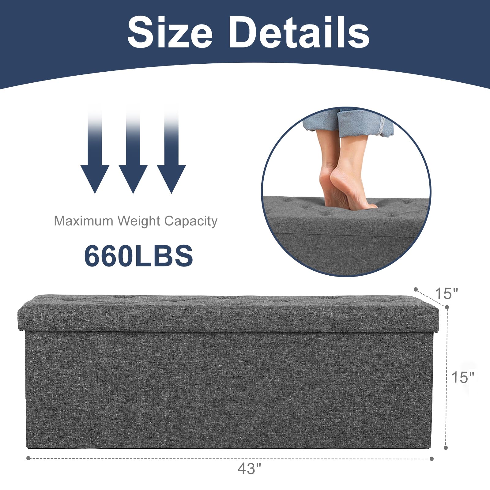 DUMOS 43 Inch Folding Storage Ottoman Bench, Large Ottoman with Storage