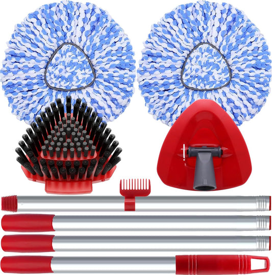 2 Pack Spin Mop Heads Replacement Compatible with O Cedar RinseClean 2 Tank, Upgraded Scrub Brush,4 Section Mop Handle and 1 Base Combo Set, Microfiber Replace Head Refill