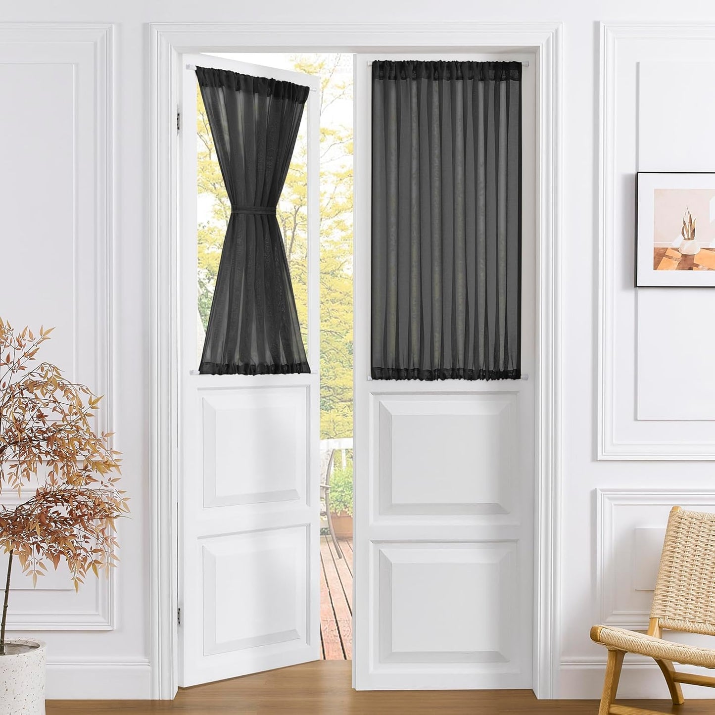 Tollpiz Small Sheer Curtain Linen Textured Curtain Sheers Doorway Light Filtering Voile French Door Rod Pocket Curtains Patio Glass Door, 25 x 40 inches Long, Black, Set of 1 Panel