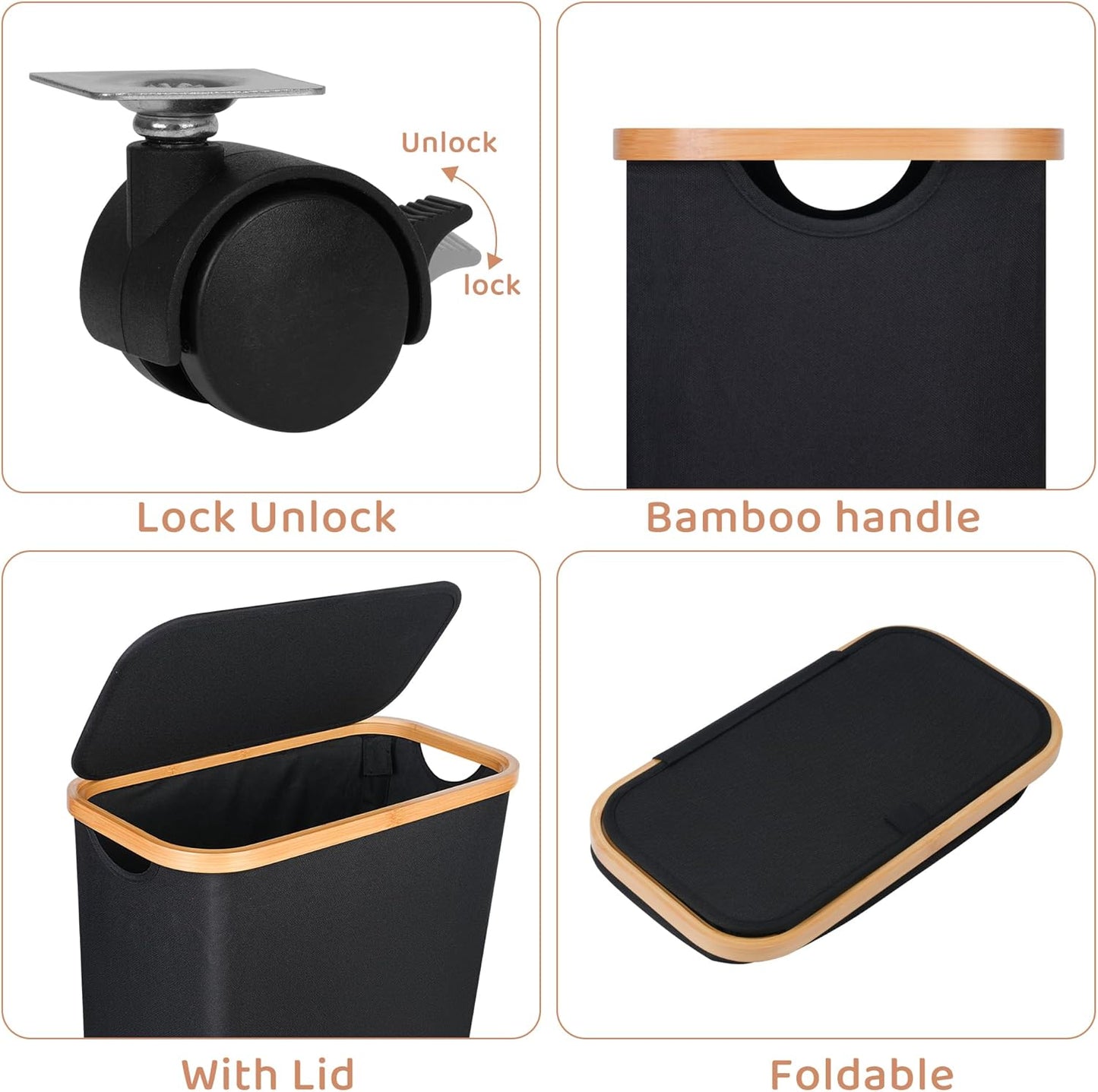 Slim Laundry Hamper with Wheels,Narrow Hampers for Laundry,Freestanding Laundry Basket with Lid&Bamboo Handles,Collapsible & Waterproof Tall Cloth Hamper for Dorm Family(60L,Black)