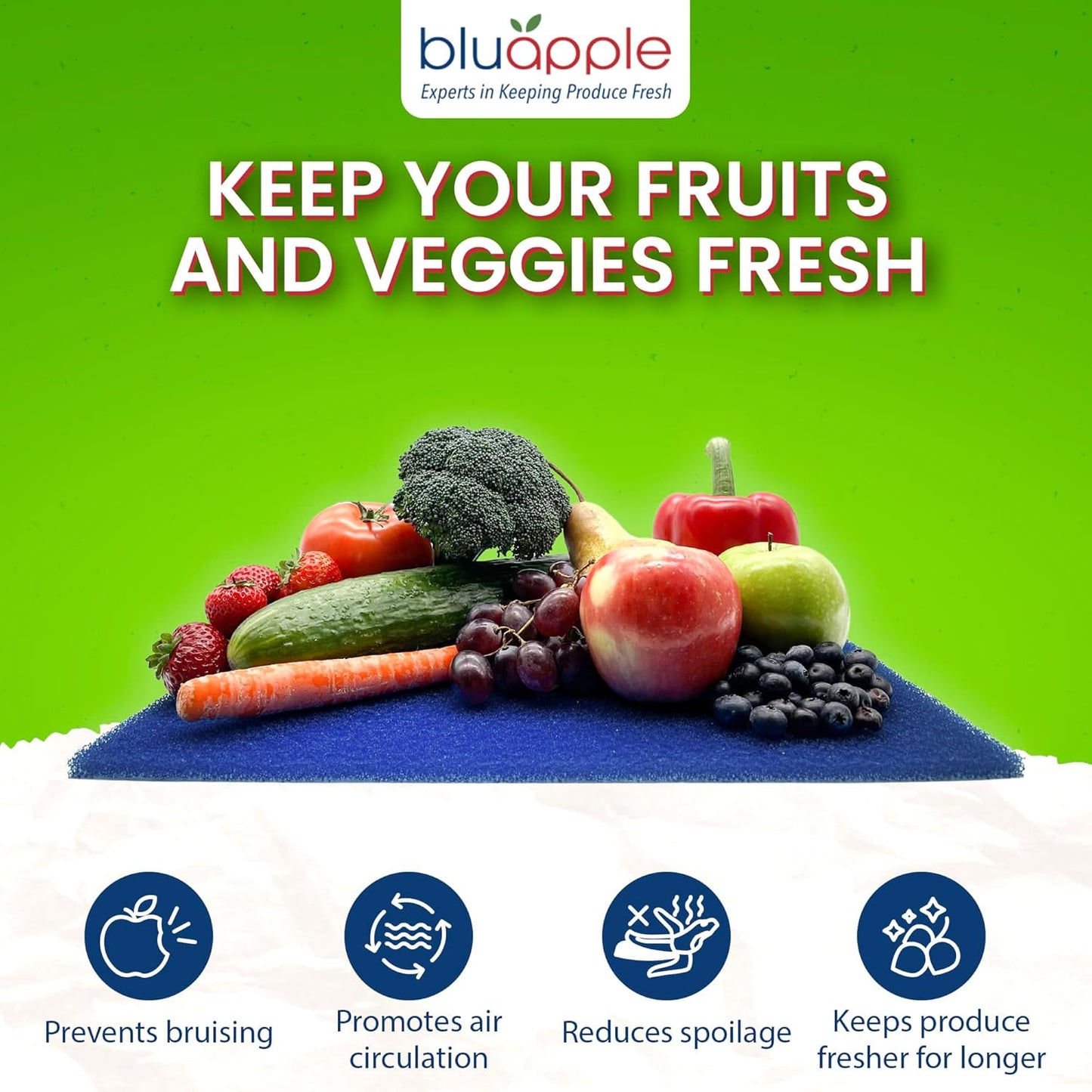Bluapple FreshMats, Refrigerator Bin Liner, Fridge Drawer Mats, Crisper Life Extender Liner Keeps Produce Fresh Longer, Anti-Bruising, Helps Air Circulation, Washable & Reusable (4-Mats, 12x15, Blue)