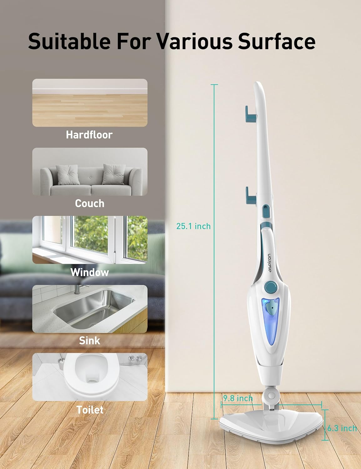 12-in-1 Steam Mop, Fast 15-Sec Heat-Up, 1500W Detachable Handheld Steam Cleaner with 2 Dirt Grip Pads, Removes 99.99% Stubborn Stains for Hardwood Floors, Windows, Tiles, Furniture, Pearl Teal