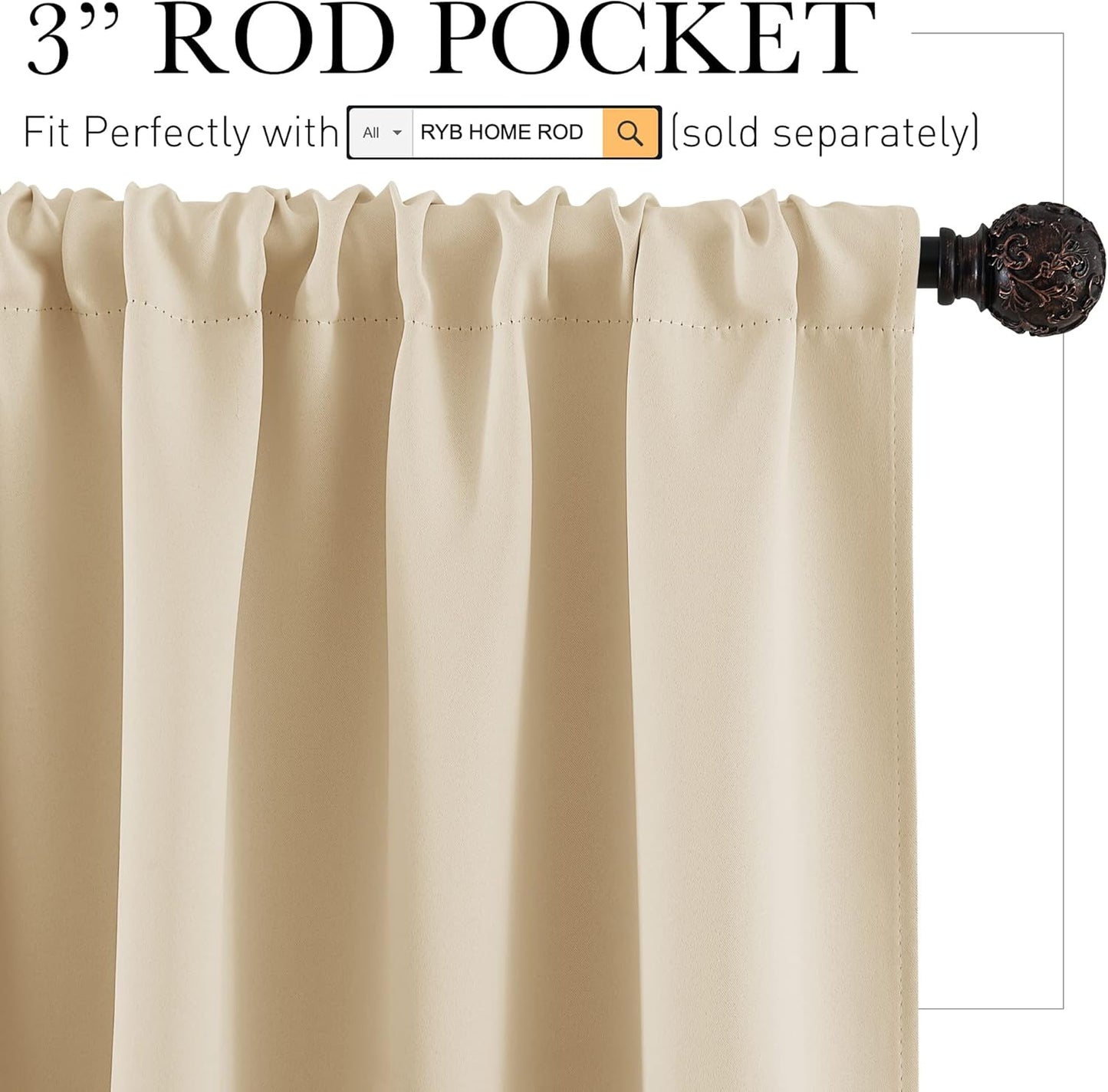 RYB HOME Thermal Insulated Curtains Blackout Small Window Drapes Light Block Privacy for Bathroom Kitchen Laundry RV Curtains, 42 inch Wide by 36 in Long, Biscotti Beige, 2 Pcs