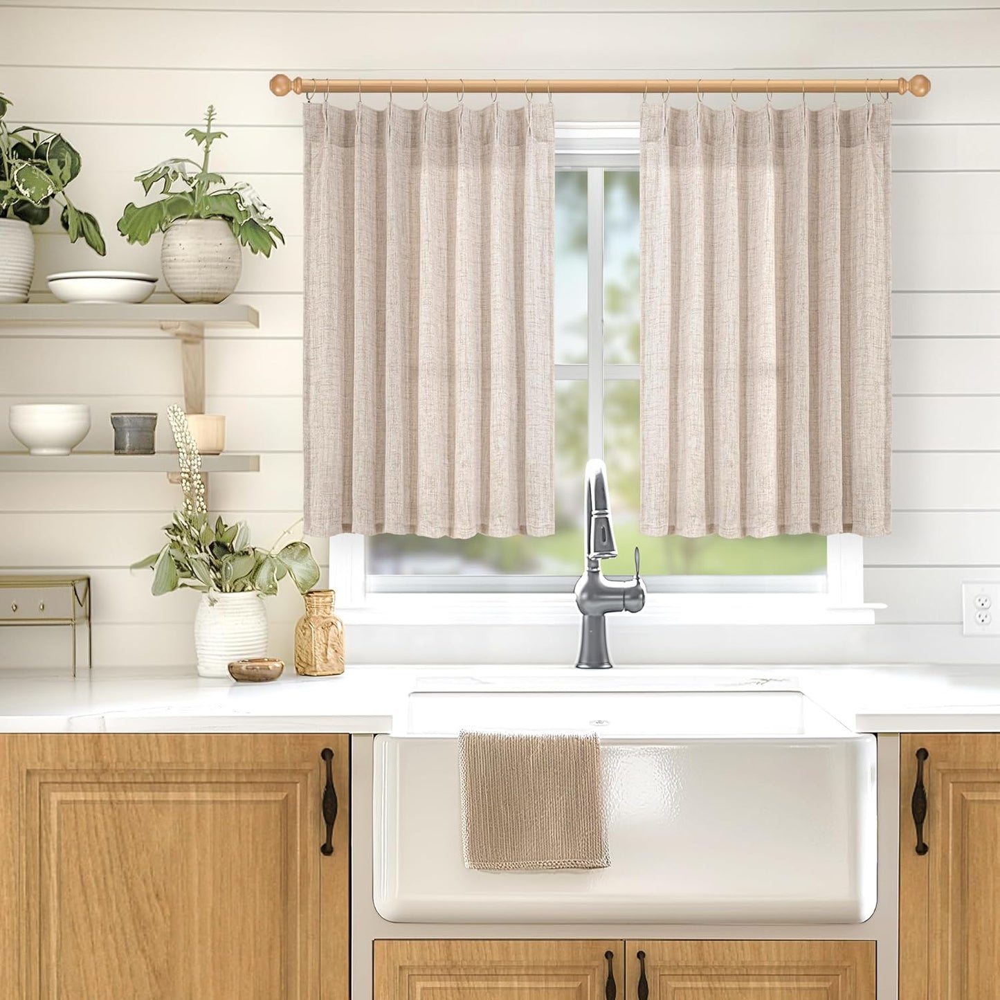 YoungsTex Cafe Linen Curtains 36 Inch Length for Kitchen Window Over Sink, Small Drapes Light Filtering Semi Sheer with Back Tab for Bathroom Window, 2 Panels, 40 X 36 Inch