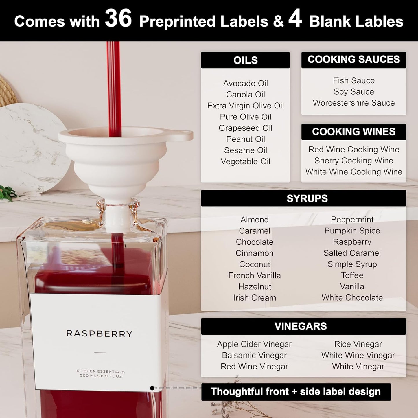 Olive Oil Dispenser for Kitchen, 16.9 oz/ 500 ml Olive Oil Dispenser Bottle, Glass Oil Bottles for Kitchen with 4 Stainless Steel Pourers, 40 Labels, 2 Pcs, Gold