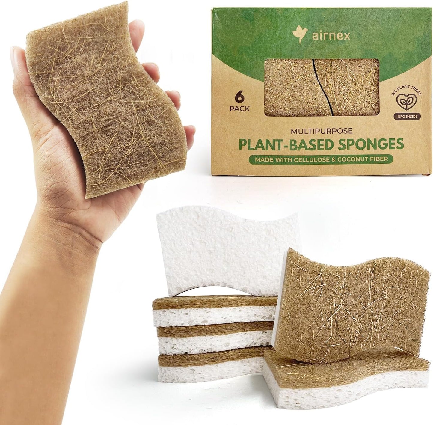 Biodegradable Natural Kitchen Sponge - Compostable Cellulose and Coconut Walnut Scrubber Sponge (6 Pack)