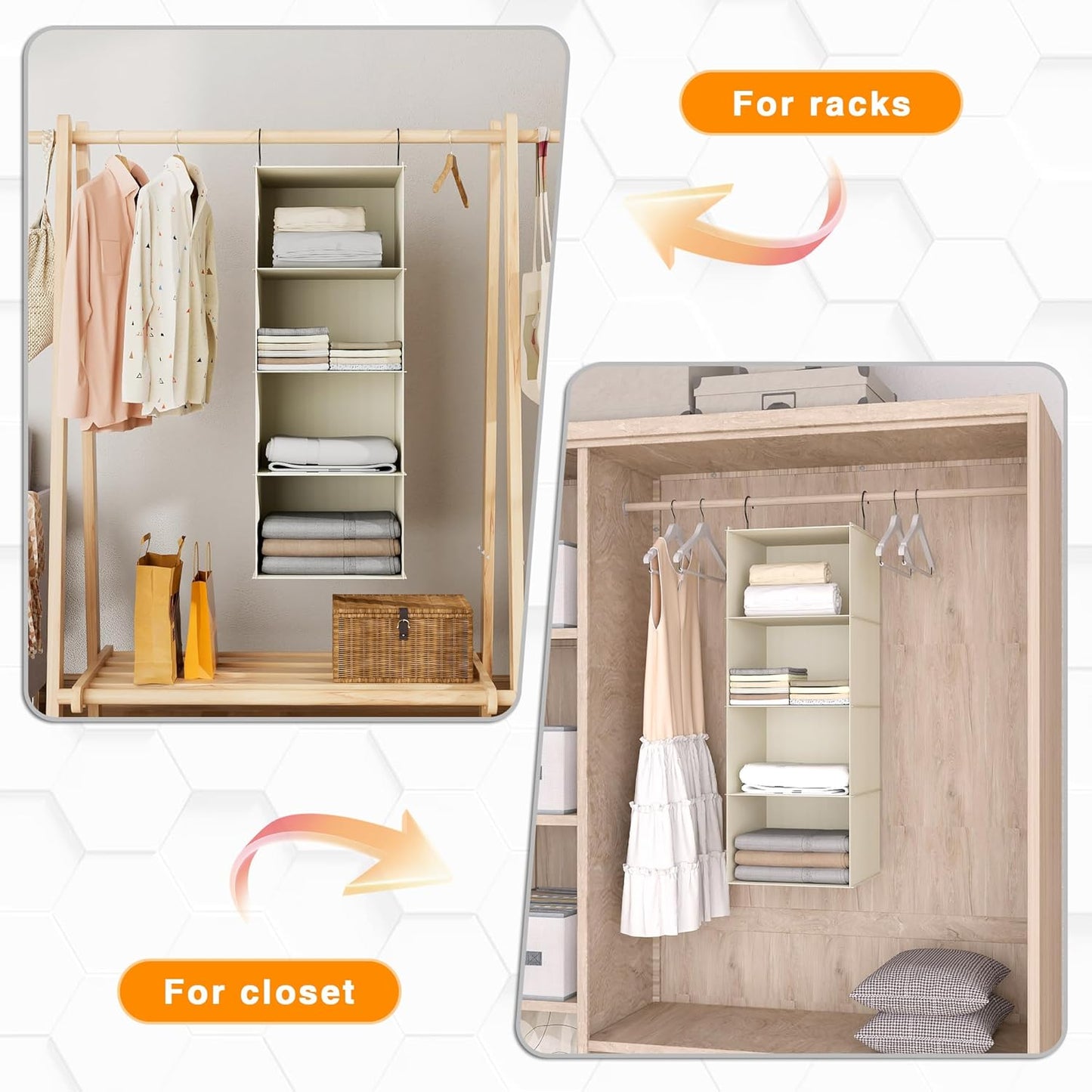 Hanging Closet Organizer, Easy Mount Foldable 4-Shelf Hanging Closet Wardrobe Storage Shelves, Clothes Handbag Shoes Accessories Storage, Washable Oxford Cloth Fabric, Beige