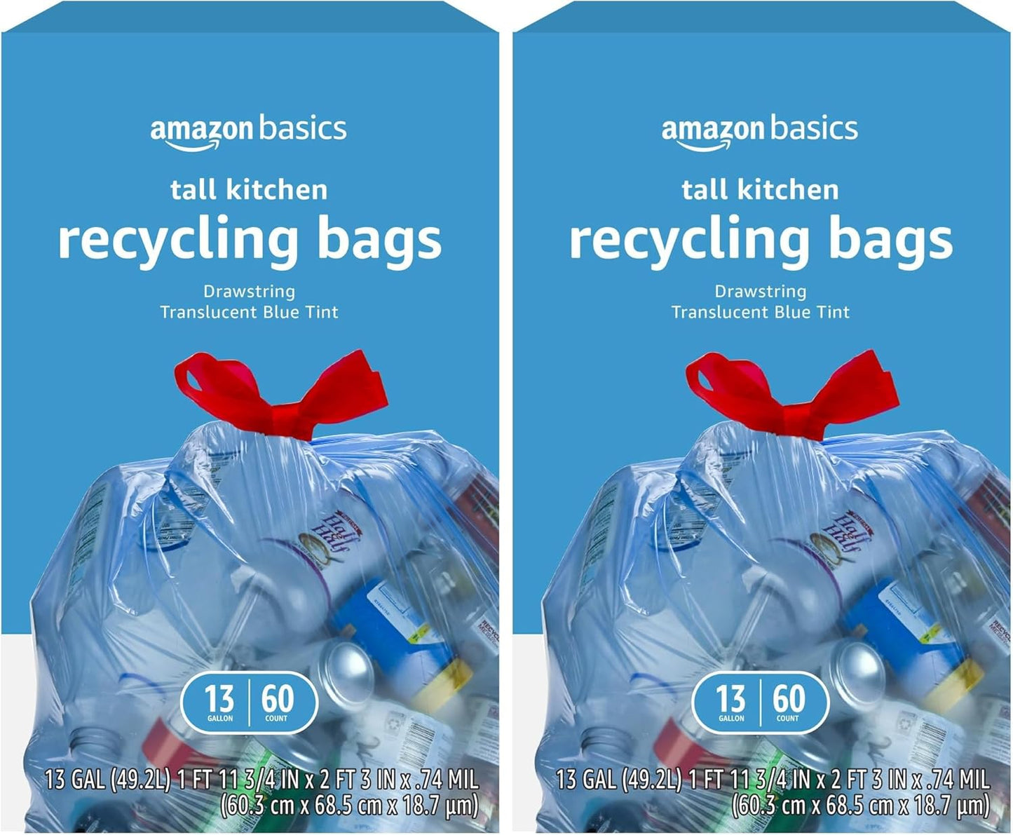 Amazon Basics Blue Recycling Trash Bags, Unscented, 13 Gallon, 60 count (Pack of 2)