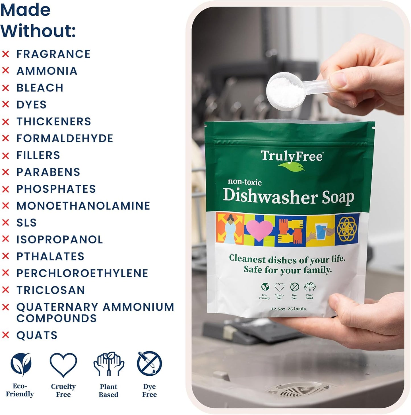 Truly Free Dishwasher Detergent Powder | Natural Dish Detergent, Dishwasher Soap | Plastic Free, Plant-Based, Clean, Heavy Duty Hard Water Stain & Grease Remover | Fragrance Free | 12.5 oz (Pack of 3)