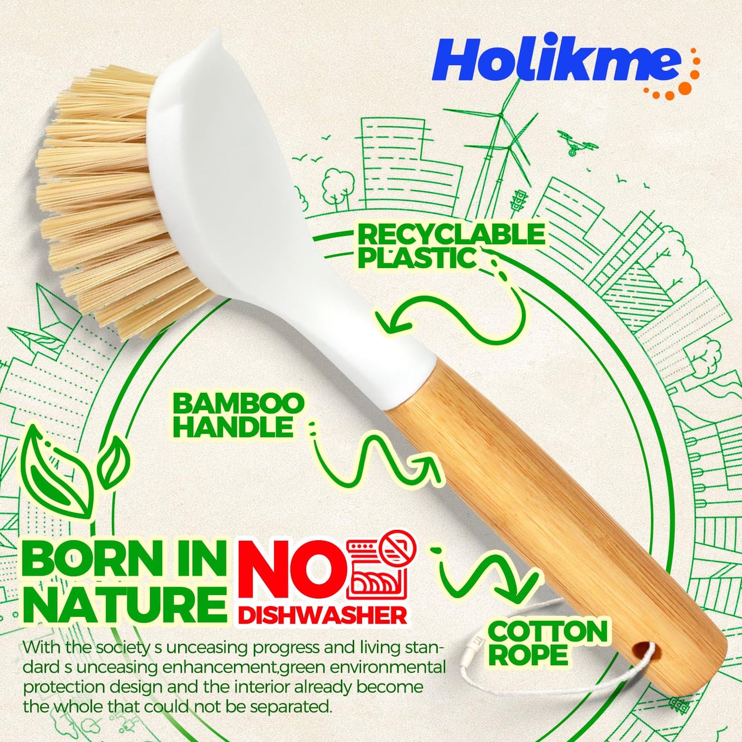 Holikme 3 Pack Dish Brush with Bamboo Handle Cleaning Brush,White Black