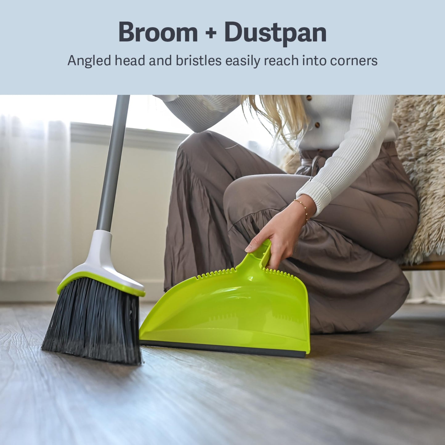 Casabella Basics 2-Piece Angled Broom and Dustpan Set, 44" Angled Broom with Long Handle and
