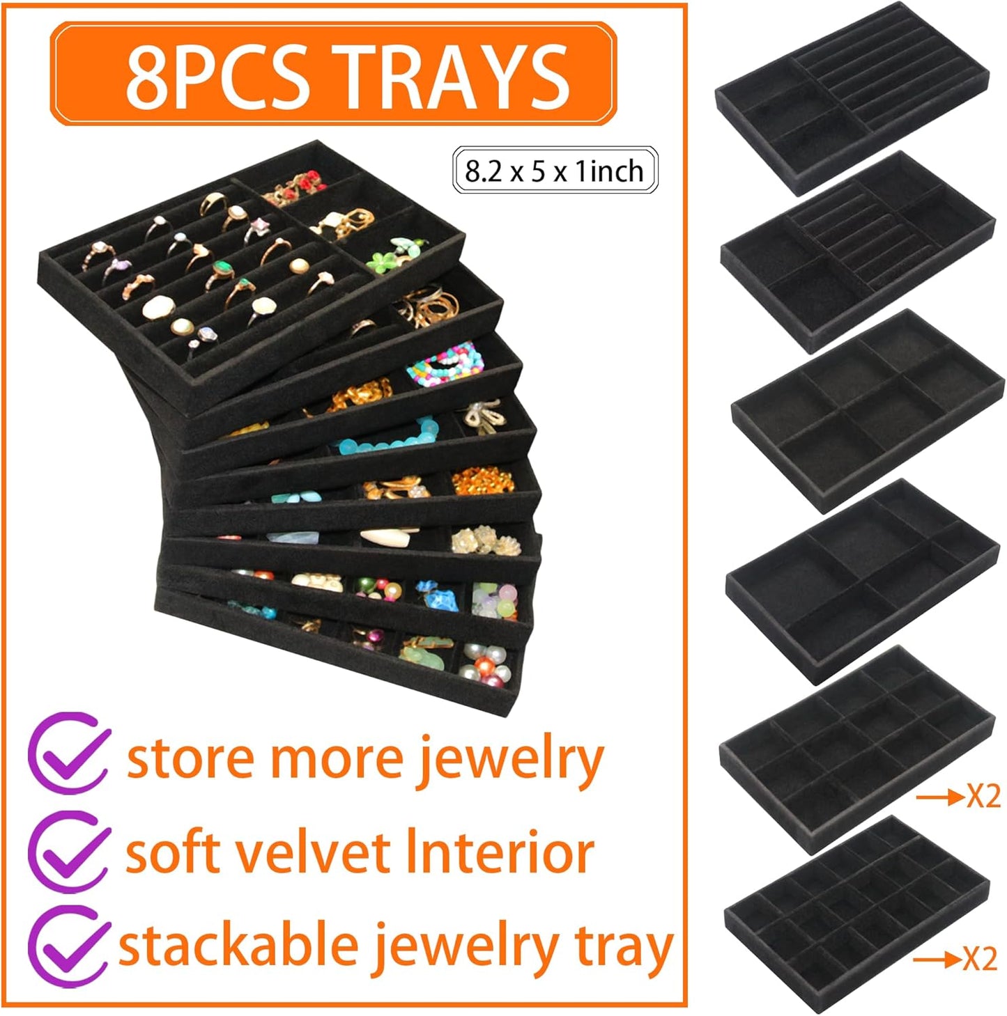 Jewelry Organizer Drawer 8 Set Jewelry Boxes Velvet Jewelry Drawer Organizer Stackable Jewelry Tray for Earring Necklace Display