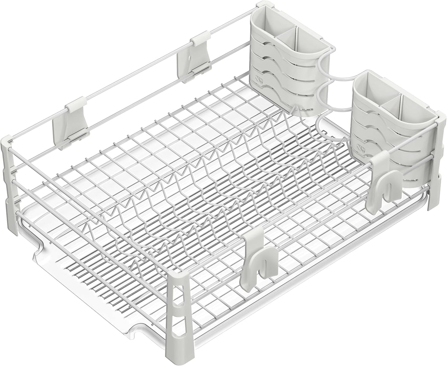 SIMPLE HOUSEWARE White Dish Drying Rack with Drainboard, Utensil Holder & Mug Hooks – Metal Kitchen Counter Organizer