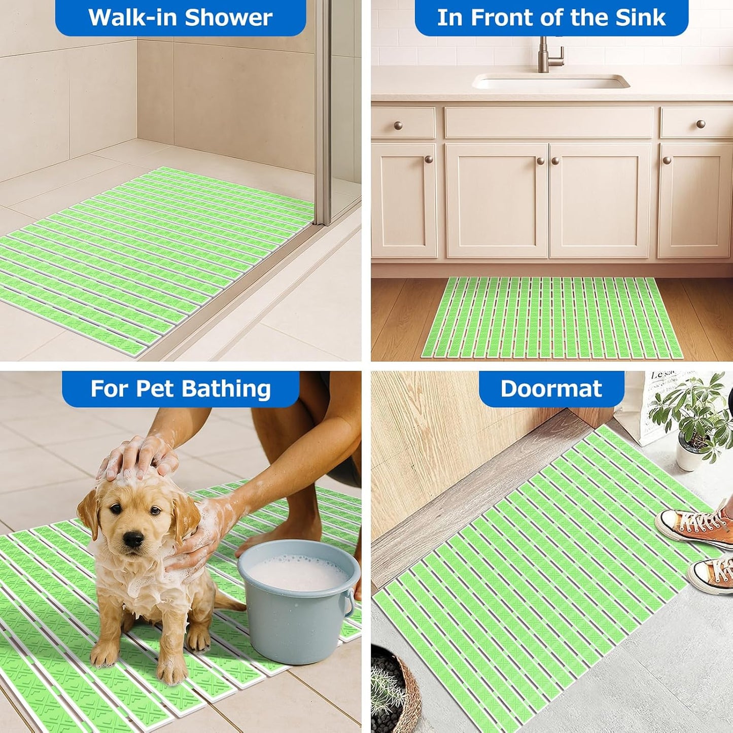 Matace Non Slip Rubber Bathtub & Shower Mat with Suction Cups, Thick Textured Surface, Fast Drain and Upright Drying Design, No Pooling Water for Better Hygiene, 27 x 16 Inch, Mint Green