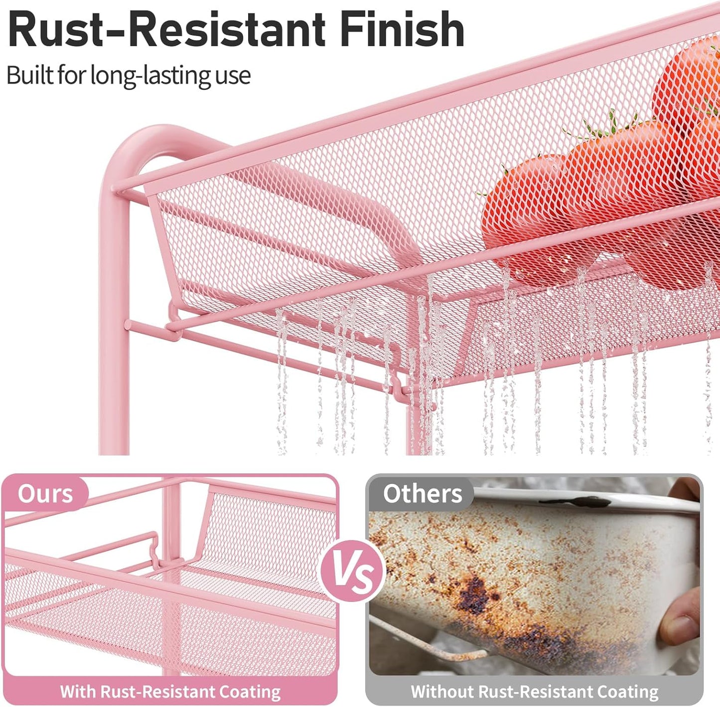 TOOLF 3 Tier Rolling Utility Cart - Durable Metal Design Pink Utility Cart, Storage Trolley on Wheels with 3 Hooks, Perfect for Kitchen, Bathroom & Laundry Room Organization