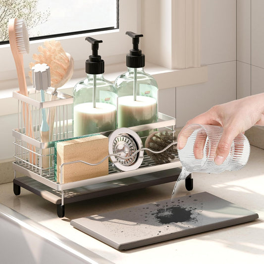 Sink Caddy, Kitchen Sink Organizer with Sponge Holder and Stone Drying Mat, Quick Drying, Stainless Steel Kitchen Caddy Organizer for Sponges, Brushes & Soap