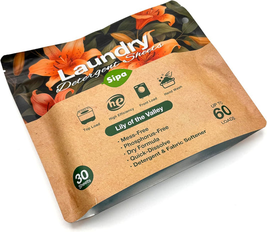 SIPA Laundry Detergent Sheets Bag - 30 Sheets, Up to 60 Loads, Lily of the Valley Scent, Phosphorus-Free, High Efficiency,Eco-Friendly (30 Count (Pack of 1))