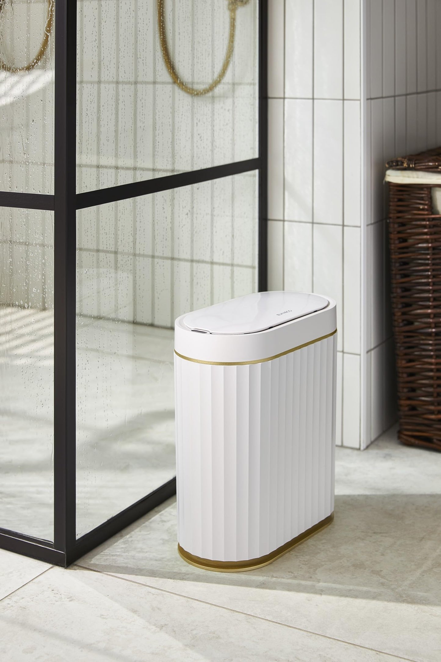 ELPHECO Bathroom Trash Can with Lid, 2 Gallon, Motion Sensor, White Gold