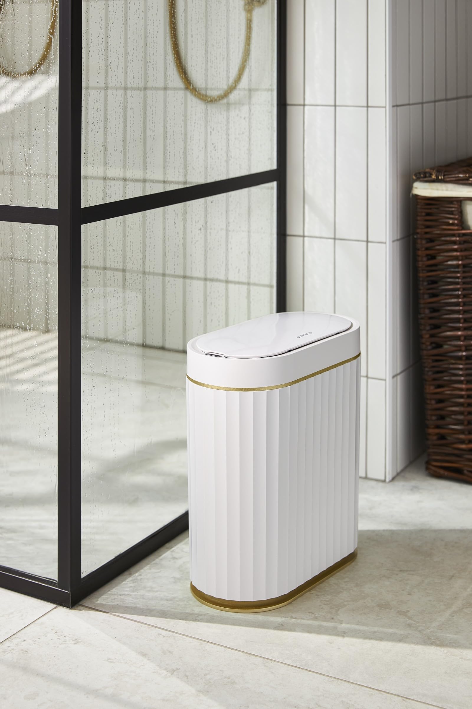 ELPHECO Bathroom Trash Can with Lid, 2 Gallon, Motion Sensor, White Gold