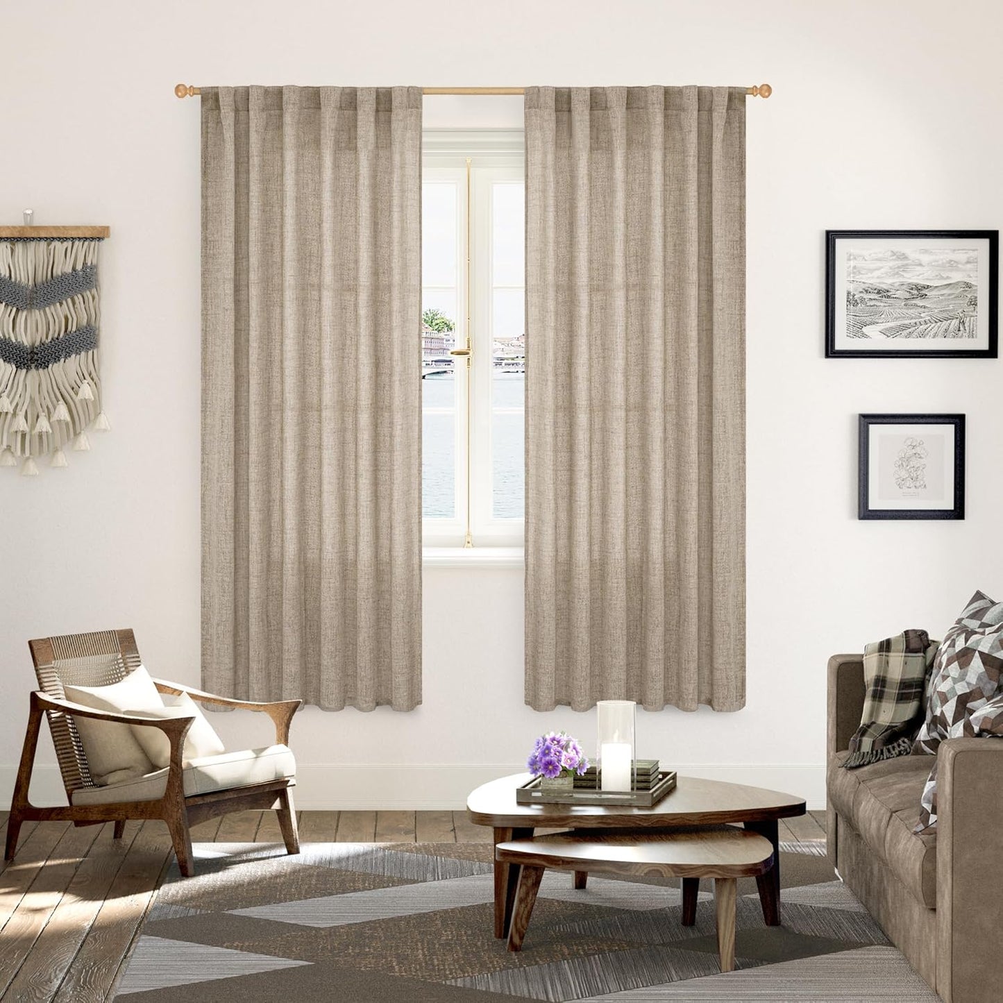 YoungsTex Dark Oatmeal Linen Semi Sheer Curtains 2 Panels for Living Room - Tan Window Drapes Light Filtering with Back Tab Rod Pocket Privacy for Farmhouse Bedroom, 52 X 72 Inch