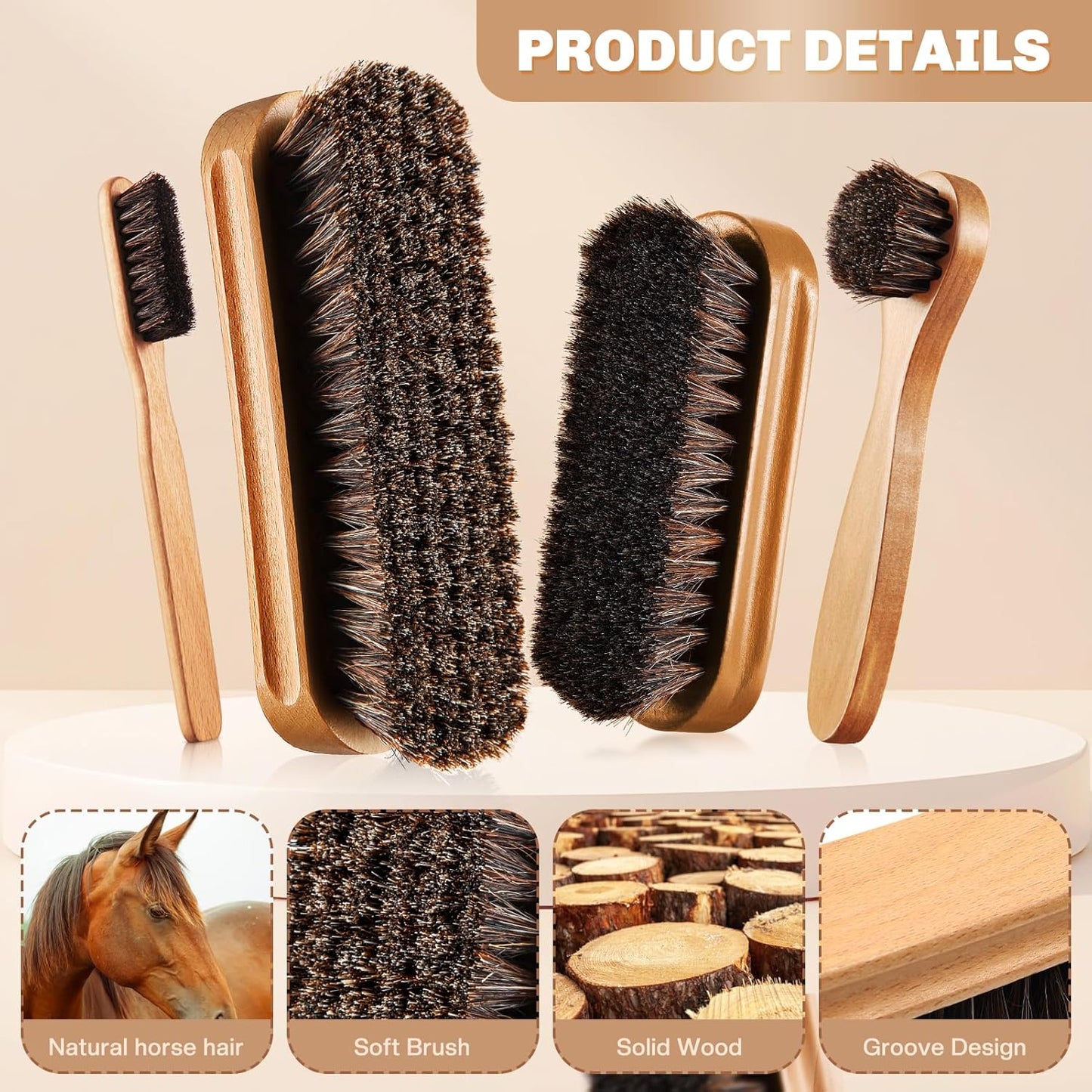 4 Pcs Horsehair Shine Shoes Brush Kit Polish Dauber Applicators Cleaning Leather Shoes Boots Care Brushes Suede Cleaner Brush with Microfiber Shoe Cloth(Wooden Style A)