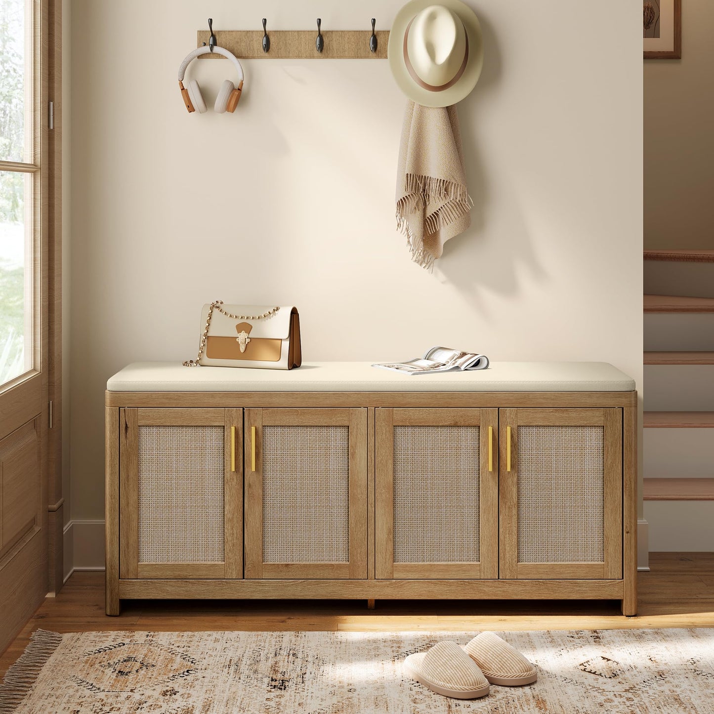 VASAGLE ELLAN Collection - Boho Shoe Bench with Cushion, Entryway Storage Bench with 4 Rattan-Look